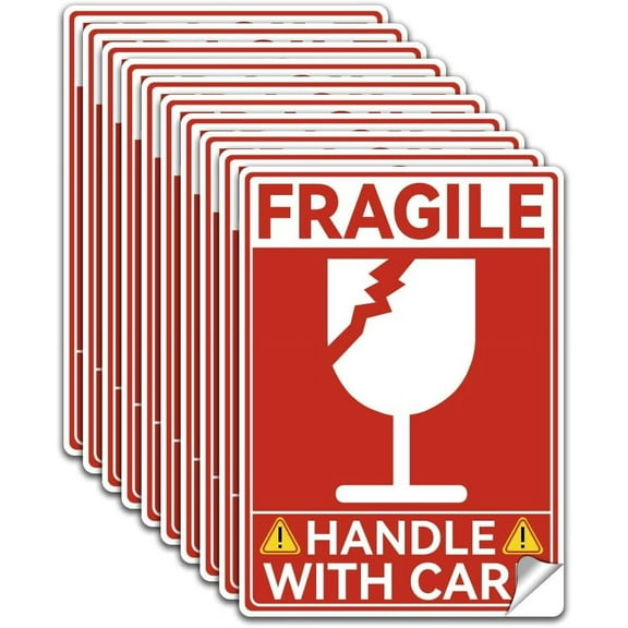 10Pcs Fragile Glass Label Decal Sticker PVC Handle with Care Waterproof Safety Sign Stickers Decal Shipping Vinyl Self Adhesive Safety Decal DIY