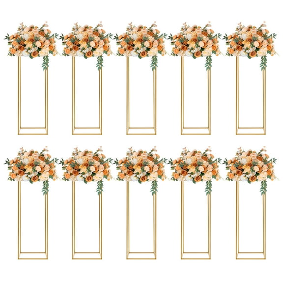 10Pcs Geometric Metal Flower Stands, 80cm Tall Gold Flower Stand Road Lead Metal Floor Vase Column, Centerpiece Stands Rectangular Display Rack for Wedding Party Decor