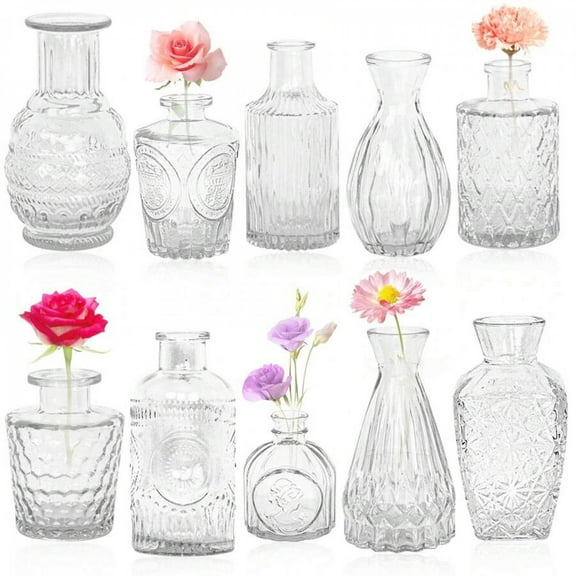 10Pcs Glass Bud Vases, Small Clear Glass Vases For Flowers In Bulk, Mini Vintage Embossed Vases For Wedding Centerpieces, Birthday Party