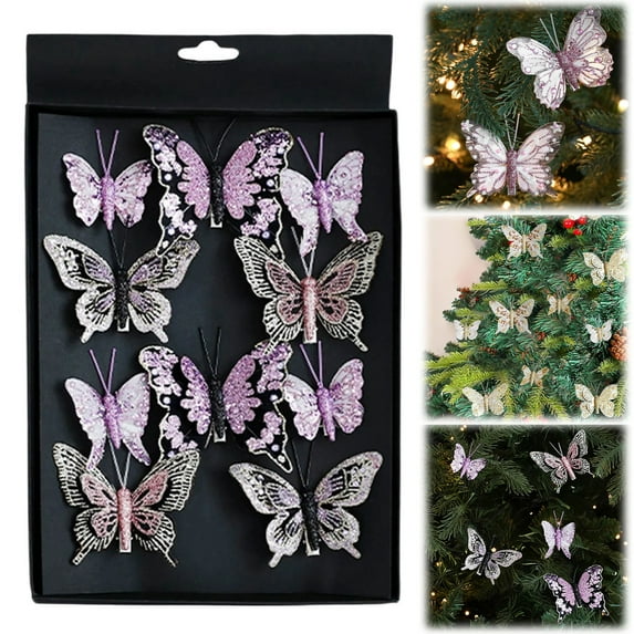 10Pcs Glitter Butterfly Christmas Tree Ornaments, Hollow-Out Butterfly Christmas Decoration with Clips, Artificial Butterflies Hanging Decorations, Xmas Tree, Wreath, Garland, Office, Home Decor