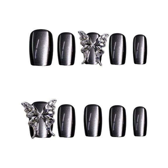 10Pcs Glossy Metallic Gray Square Press On Nail Medium Length Cats Eye False Nail with 3D Butterfly for Casual and Party