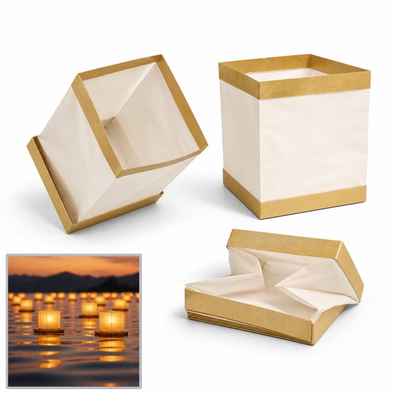 10Pcs GoldAccent Square Chinese Floating Lanterns, 5.95.95.9 Inch WaterFloating Paper Wishing Lights, Ritual Candle Lanterns for Calm Rivers, Lakes, Night Ceremonies & Remembrance Events