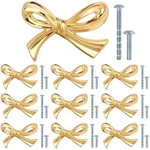 10Pcs Gold Bow Knobs for Dresser Bow Shape Cabinets Knobs, Metal Brass Bows Hardware Decorative Drawer Handles for Desk, Wardrobe, TV Cabinet & Bookcase$$