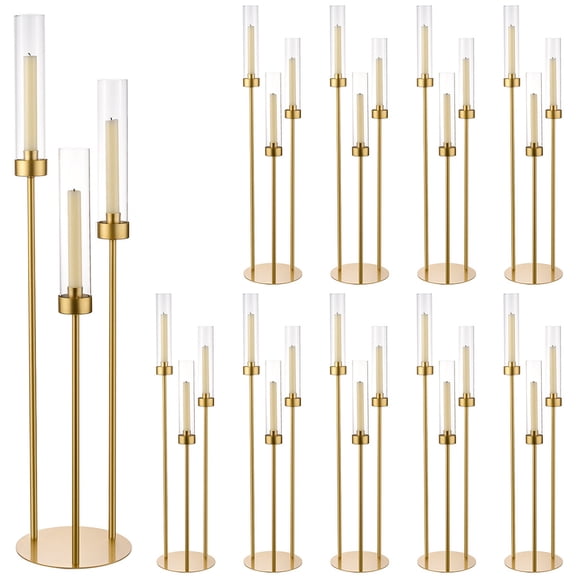 10 Pcs Gold Metal Candelabra 3 Arms Taper LED Candle Holders with Acrylic Shades for Table Centerpiece, Halloween,Christmas Party Decorative Candlestick Holder