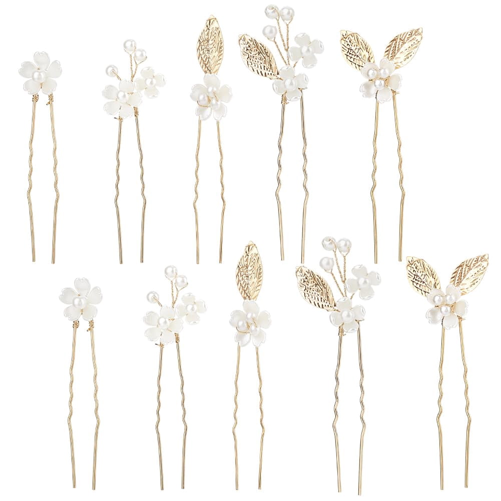 10Pcs Gold Flower Beaded Hair Pins Clips Headpiece Set 