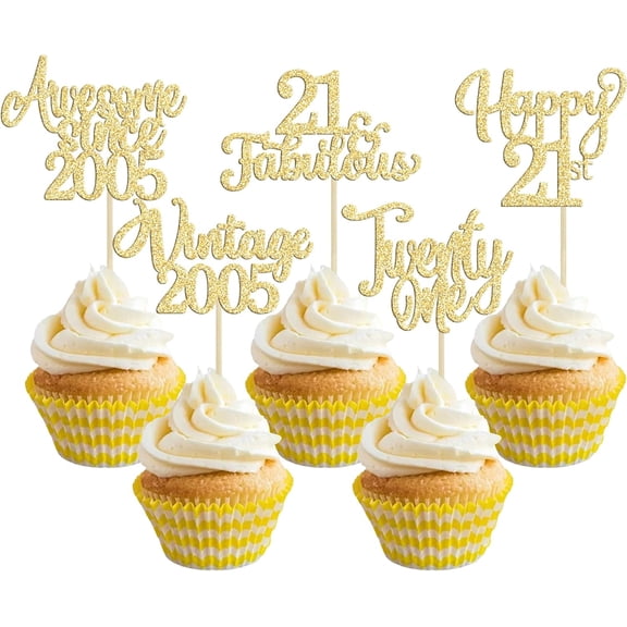 10Pcs Gold Glitter 21st Birthday Cupcake Toppers, "Happy 21st, Awesome Since 2005" Picks for 21st Birthday Party Cake Decorations