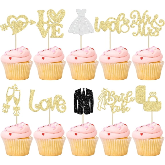 10Pcs Gold Glitter Wedding Cupcake Toppers, "Love, Mr & Mrs, Bride to Be" Picks for Bridal Shower & Wedding Party Cake Decorations