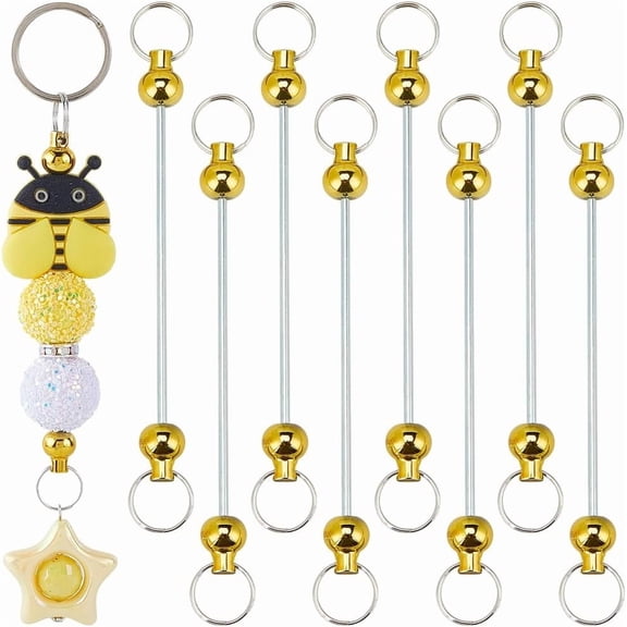 10Pcs Gold Keychain Bead Bar Blank Beadable Keychain Bars Metal Alloy Detachable Decoration Linking Stick Findings with Double Rings End for DIY Craft Key Ring Jewelry Making Accessories