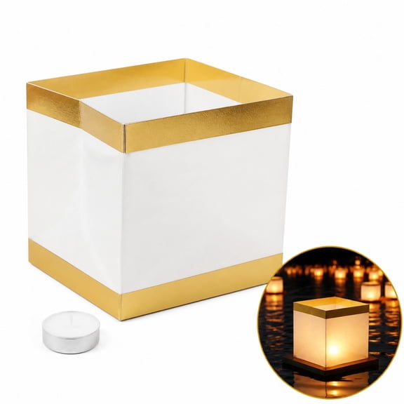 10Pcs Gold Square Chinese Lanterns, 5.9 Inch Floating Water Paper Lanterns, Wishing Candle Lights for Lake & River, Festive Decor for Memorial Ceremonies & Nightime Gatherings