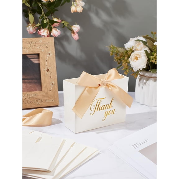 10Pcs Gold Stamping Thank You Printed Paper Candy Gift Packaging Boxes with Ribbon Foldable Storage Boxes for Wedding White 12.5x4.5x10cm