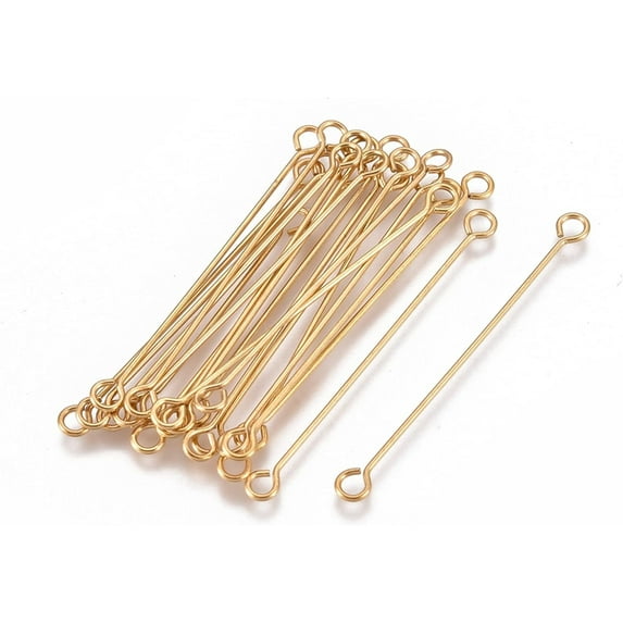 10Pcs Golden 304 Stainless Steel Eye Pins Double Sided Eye Pins Metal End Headpins Straight Head Eye Pins for DIY Earrings Necklaces Bracelets Pendants Jewelry Making 36x3x0.6mm