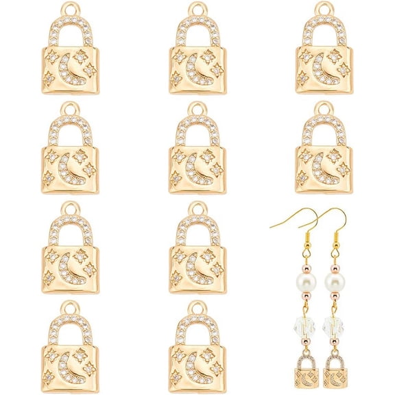 10Pcs Golden Padlock Charms Lock Shape Brass Rhinestone Pendant with Moon and Star Crystal Accessories for Keychain Necklace Bracelet DIY Craft Making 16x10x2.7mm