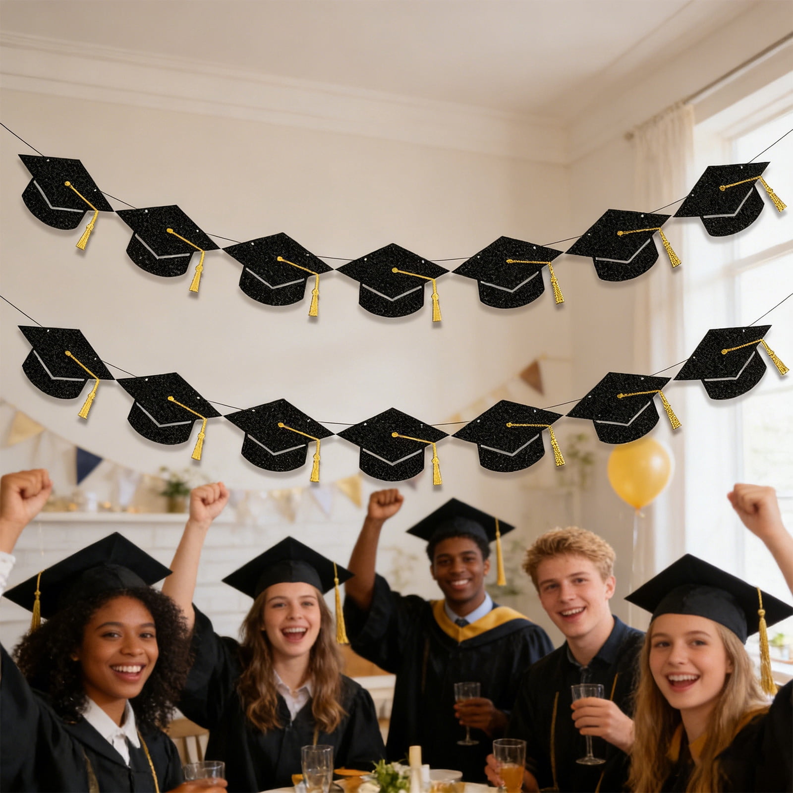10Pcs Graduation Cap Banners, Yannianjz Graduation Cap Banners, Glitter Graduation Hat Bunting Garland, Black Paper Party Decorations for Graduation Party, Celebration, Ceremony