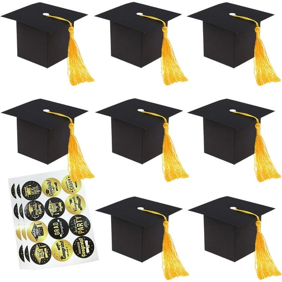 10Pcs Graduation Cap Gift Candy Boxes with Graduation Stickers, Grad Cap Treat Chocolate Biscuit Box with Yellow Tassel, Graduation Ceremony Party Decorations