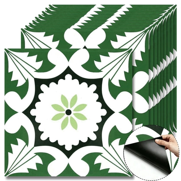 10Pcs Green Botanical Peel and Stick Floor Tiles, 12x12 Covers 10 Sq. Ft. SelfAdhesive DIY Vinyl Flooring, Removable Waterproof Sticker for Bathroom, Kitchen Cabinet, Rental Property, Staircase