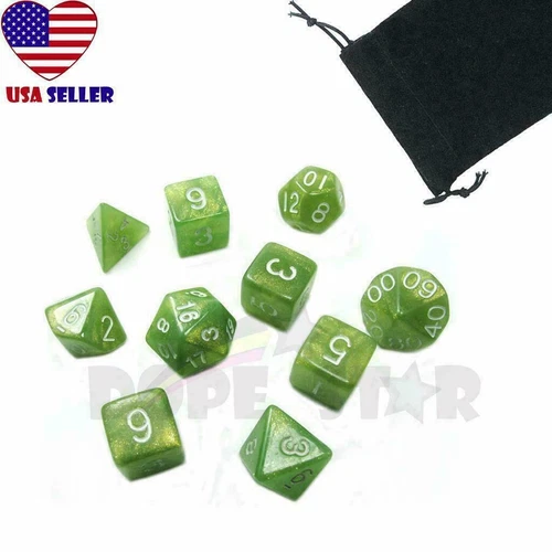 10Pcs Green Polyhedral Rpg Dice Set Jumanji Video Table Game Tool 7+ 3D6