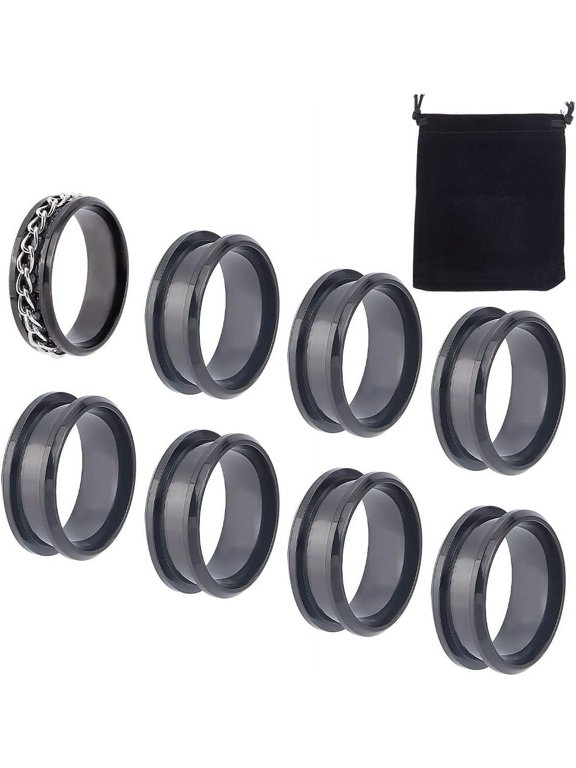 10Pcs Gunmetal Blank Core Ring Size 10 Stainless Steel Grooved Finger Ring for Inlay Round Empty Ring Blanks with Velvet Pouches for Jewelry Making 20mm