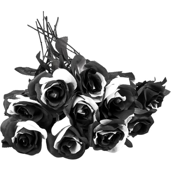 10Pcs Halloween Roses Lifelike Black and White Roses 14.6'' Long Lasting Artificial Flowers with Stems Gothic Silk Rose Flowers Centerpiece Halloween Decorations Style 1, Artificial Roses