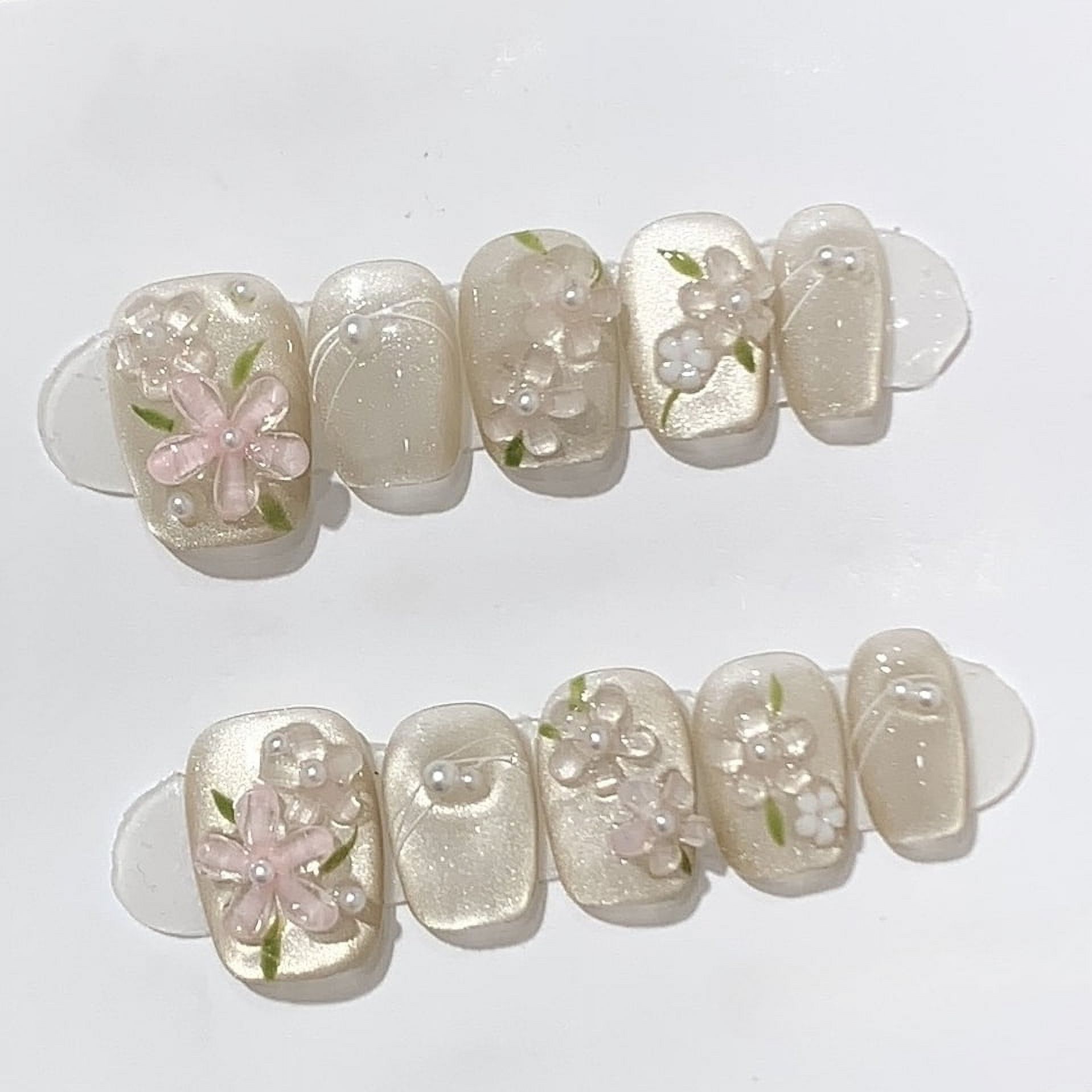 10Pcs Handmade Press On Nails Short Cute Flower Butterfly Design Full