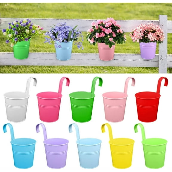 10Pcs Hanging Flower Pots for Outdoor Indoor Plants,Tin Buckets Plant Pots,Colorful Metal Iron Fence Planter,Multifunction Storage Box with Removable Hooks,for Home Office Decor (Random)