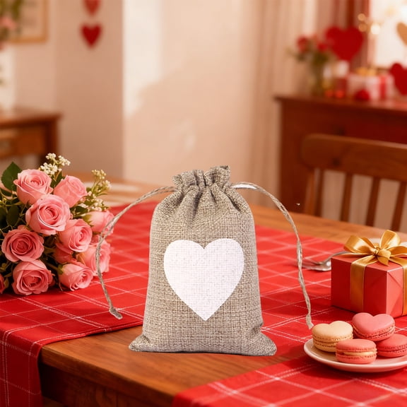 10Pcs Heart Canvas Wedding Gift Bag! Uscallm Heart Canvas Drawstring Bag, Wedding Party Favor Gift Packaging, Reusable Eco Friendly Tote, Valentine's Day Candy Treat Pouch