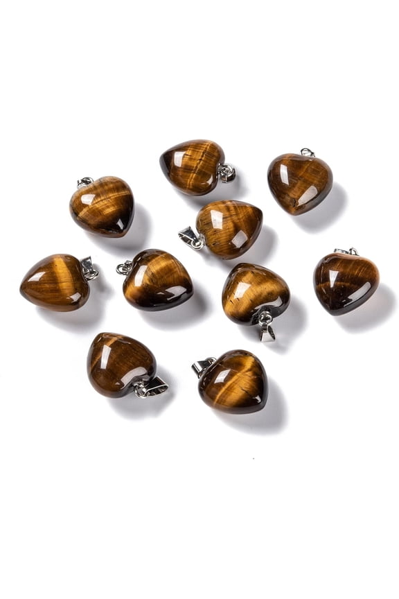 10Pcs Heart Natural Tiger Eye Pendants Pendant Necklace with Platinum Brass Loops Heart Pendants Charms for Necklace Bracelet Jewelry Making DIY Craft Making 18~19x15~15.5x6~8mm