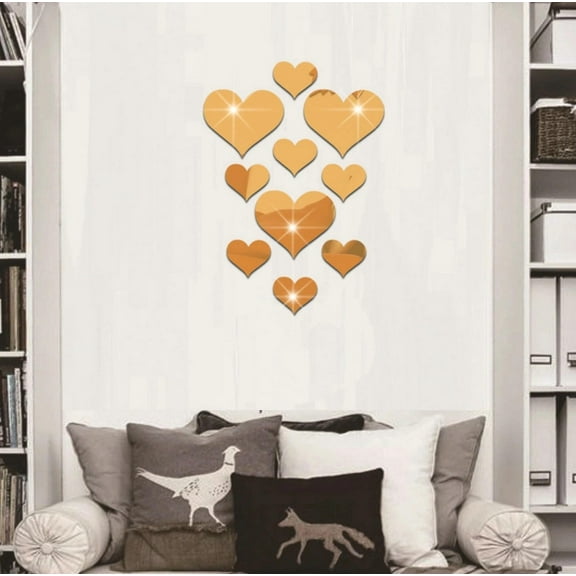 10Pcs Heart Shape Mirror Tiles, Acrylic Heart Mirror Adhesive Small Square Mirror Mosaic Tiles Craft Mirror Tiles for DIY Crafts Home Wall Table Kitchen Bathroom Valentine's Day, Gold