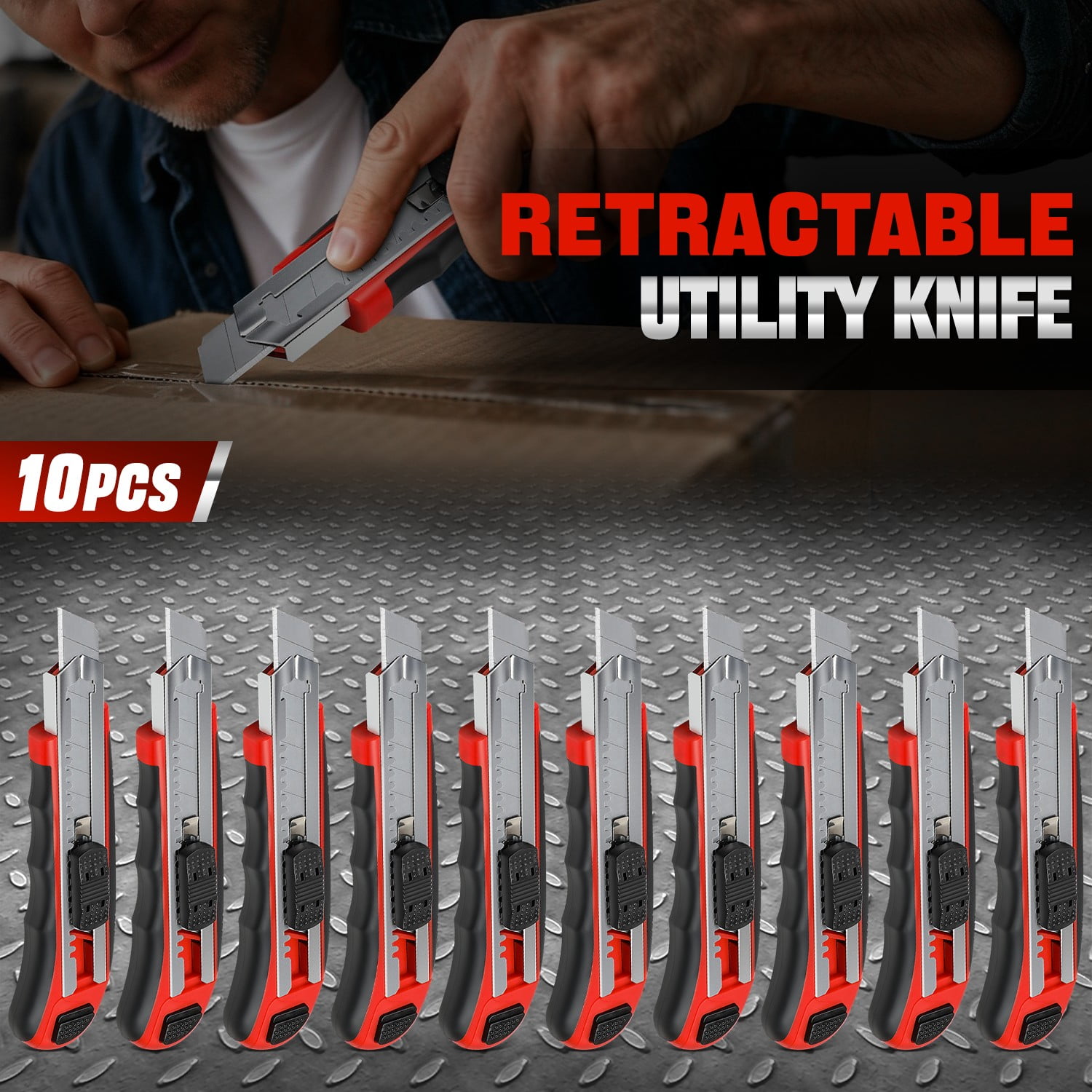 10Pcs Heavy Duty Snap-Off Retractable Utility Knife Box Cutter w/ Spare Blades