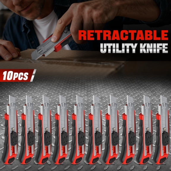 10Pcs Heavy Duty Snap-Off Retractable Utility Knife Box Cutter w/ Spare Blades