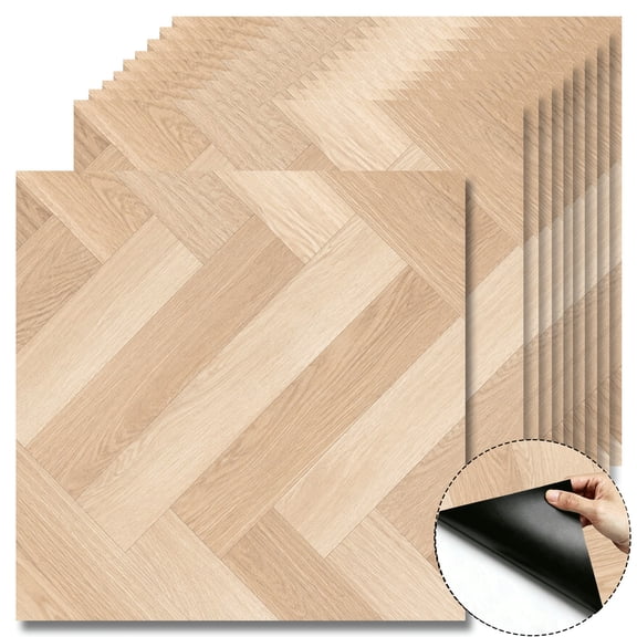 10Pcs Herringbone Oak Peel and Stick Floor Tiles, 12x12 Covers 10 Sq. Ft. Self-Adhesive DIY Vinyl Flooring, Removable Waterproof Tile Sticker for Bathroom, Kitchen, Bedroom, Home