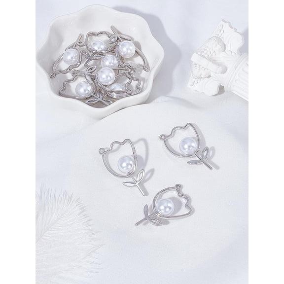 10Pcs Hollow Flower Charms Flower Plastic Imitation Pearl Alloy Pendants Dangle Charms Ornament Retro Accessories for Jewelry Making DIY Necklace Earrings Findings 35x19.5x2-10mm Hole: 1.8mm