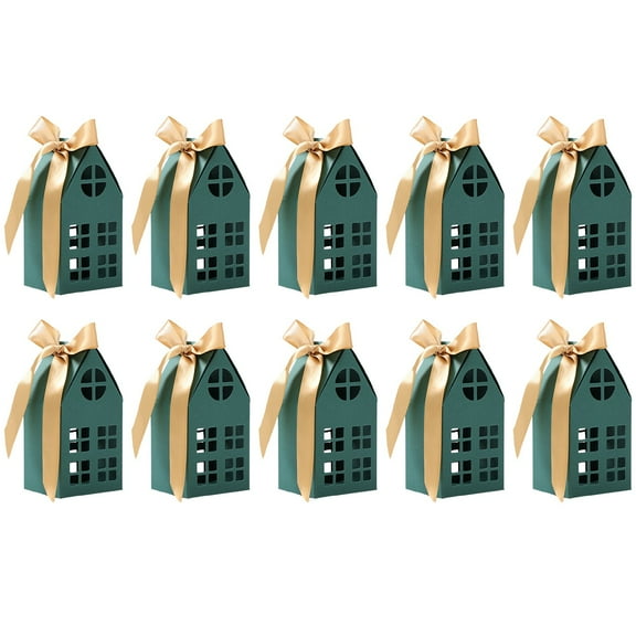 10Pcs House Shaped Gift Boxes with Golden Ribbons, House Shaped Candy Boxes, Cookie Cases for Gift Giving, Green