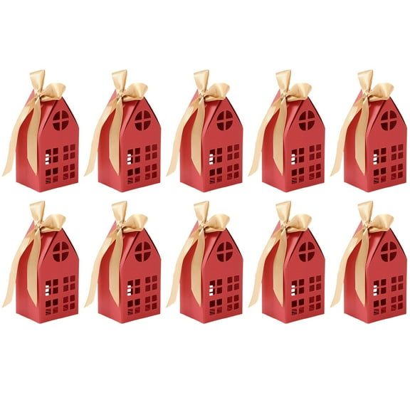 10Pcs House Shaped Gift Boxes with Golden Ribbons, House Shaped Candy Boxes, Cookie Cases for Gift Giving, Red