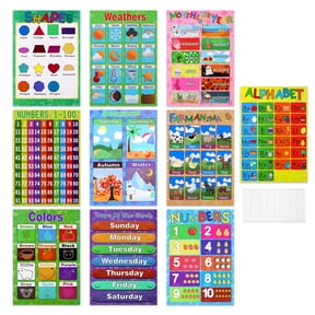 Educational Charts 10PCS Posters Charts for Kids Kindergarten Classrooms Includes Alphabet Letters Colors Days of the Week Numbers 1-10 Numbers 1-100 Farm Animals Seasons Weathers Months Shapes