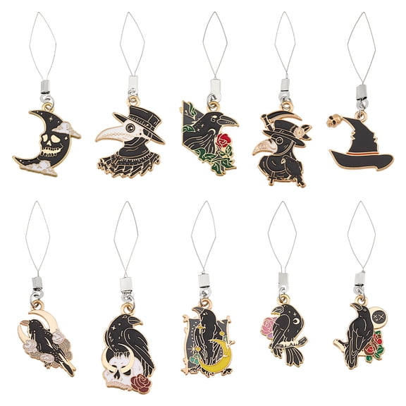 10Pcs Iron Hair Extension Loop Needle Threader with Alloy Enamel Crow Pendant Mixed Shapes Black 60~62mm 10pcs/set