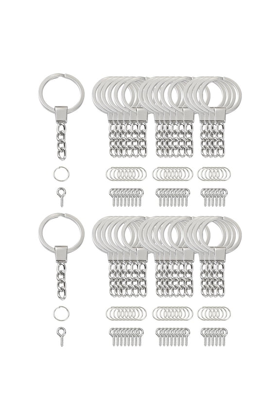 10Pcs Iron Split Key Rings with Curb Chains with 20Pcs Iron Open Jump Rings & 20Pcs Screw Eye Pin Peg Bails Platinum 62mm DIY