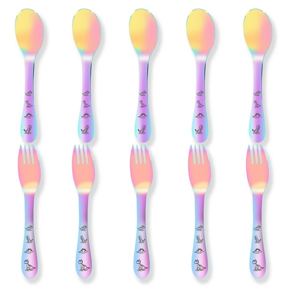 10Pcs Kid Silverware Set, Stainless Steel Toddler Utensils, Mirror Polished Child Fork and Spoon Set, Cartoon Dinosaur Kids Flatware Set for Home Preschools