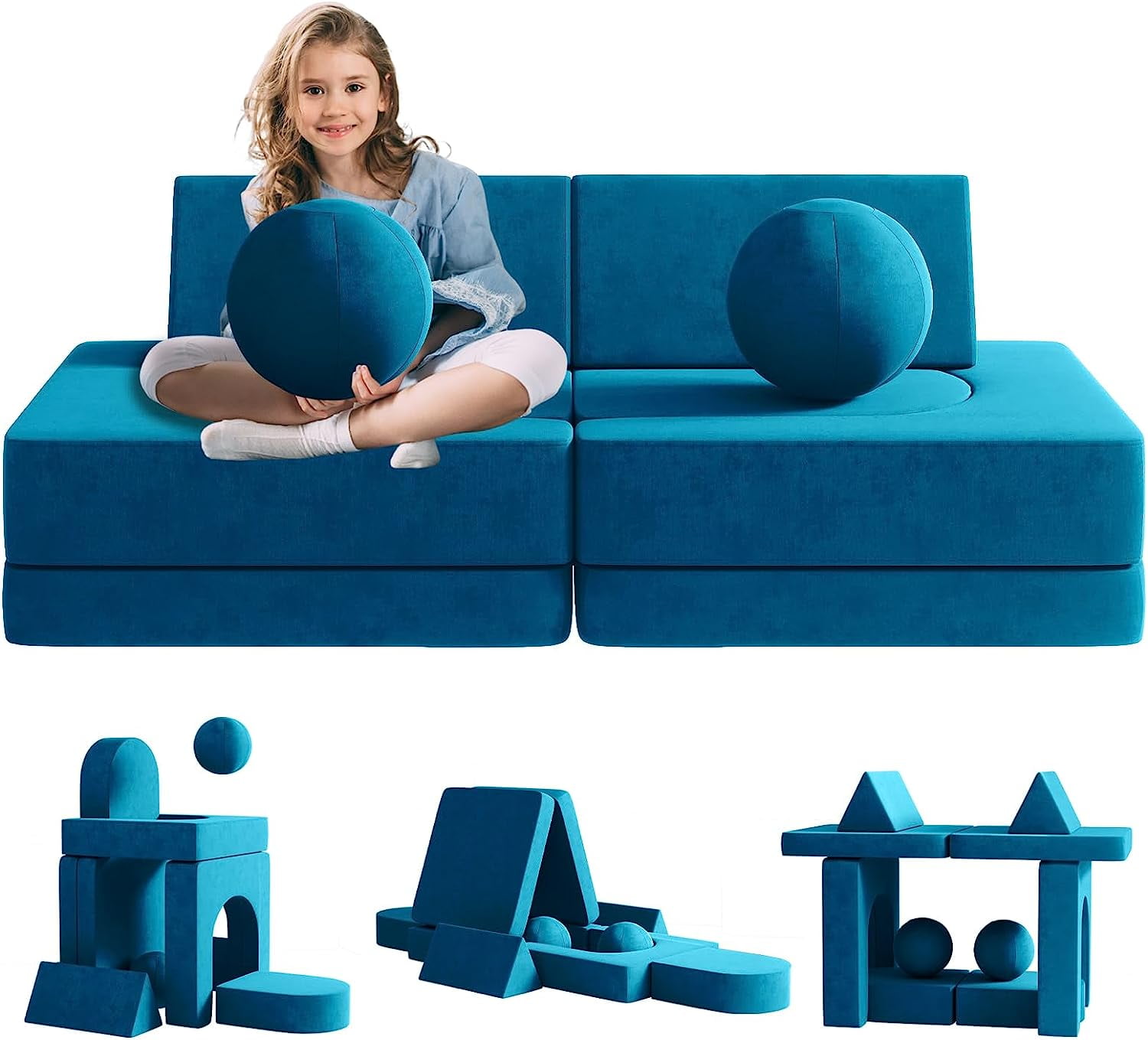 Wanan Modular Toddler Couch, 10Pcs Kids Sofa for Playroom, Convertible Foam Sofa, Blue