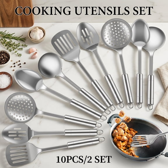 Xiyztok 10Pcs Kitchen Cooking Utensils Set Metal Stainless Steel Spoons and Spatula with Ergonomic Handle Utensil for Cooking Kitchen Cooking Utensils Set Kitchen Gadgets Tools Set Spoons Spatula