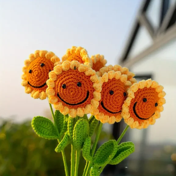 10Pcs Knitted Artificial Smile Face Sunflowers Fake Crochet Hand Woven Flowers with Stem for Home Wedding Party Office Tables Centerpieces Decoration Halloween Christmas Gift