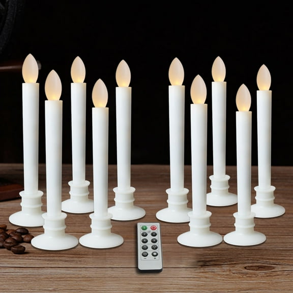 10Pcs LED Flameless Windows Candles Lights Flickering with Remote Timer & Removable Tapers Pillar White Bases for Christmas Party Decorations
