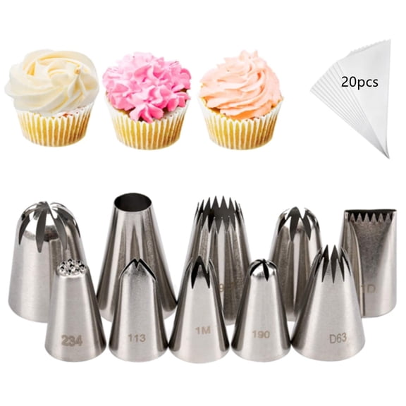 10Pcs Large Piping Tips Set, Stainless Steel Icing Tips with 20 Disposable Pastry Bags for Cake Decorating