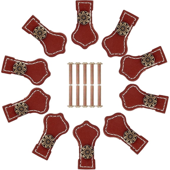 10Pcs Leather Drawer Pull Retro Style Cabinet Door Handle Furniture Hardware Pulls Single Hole for Cupboard Drawer- 27x48mm Brown for DIY