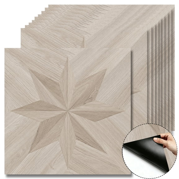 10Pcs Light Oak Star Marquetry Peel and Stick Floor Tiles, 12x12 Covers 10 Sq. Ft. Self-Adhesive DIY Vinyl Flooring, Removable Waterproof Tile Sticker for Bathroom, Kitchen, Bedroom, Home & Stairs