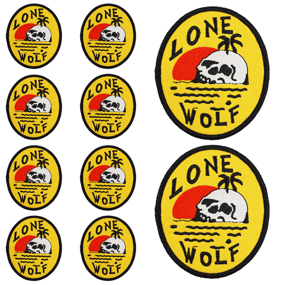 10Pcs Lone Wolf Skull Ocean Sunset Embroidered Patch with Hook and Loop Backing, Retro Surf Statement Applique Badge for Vests, Jackets, Backpacks, and Clothing