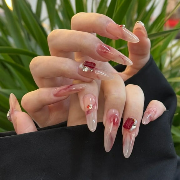 10Pcs Long Almond False Press on Nails Bling Rhinestone Red Rose Ink Fake Nails