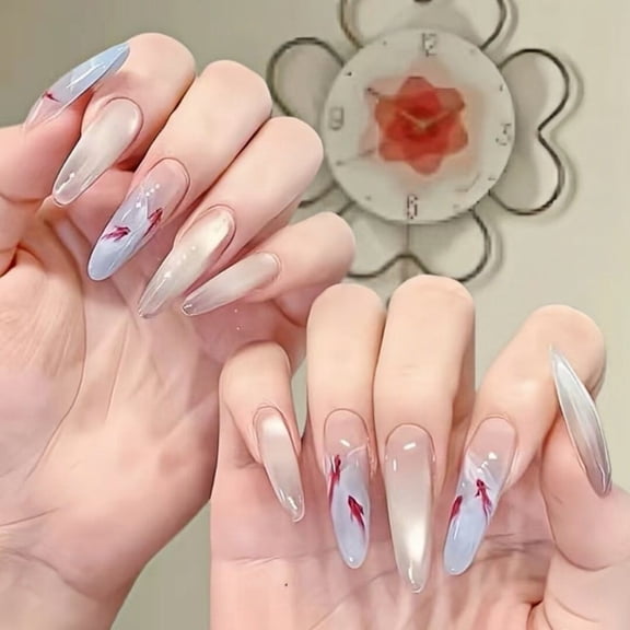 10Pcs Long Almond False Press on Nails Chinese Lucky Carp Cat Eye Fake Nails