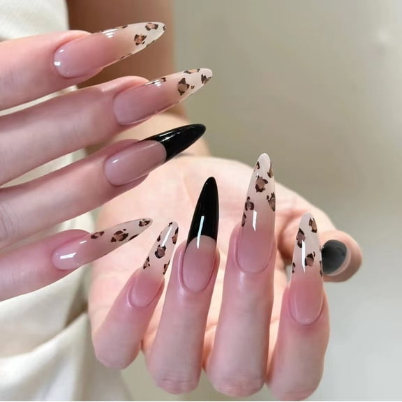 10Pcs Long Almond False Press on Nails Classic French Leopard Print Fake Nails
