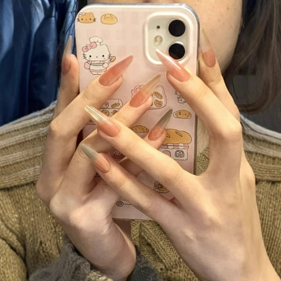 10Pcs Long Almond False Press on Nails Dopamine Candy Tone Cat Eye Fake Nails