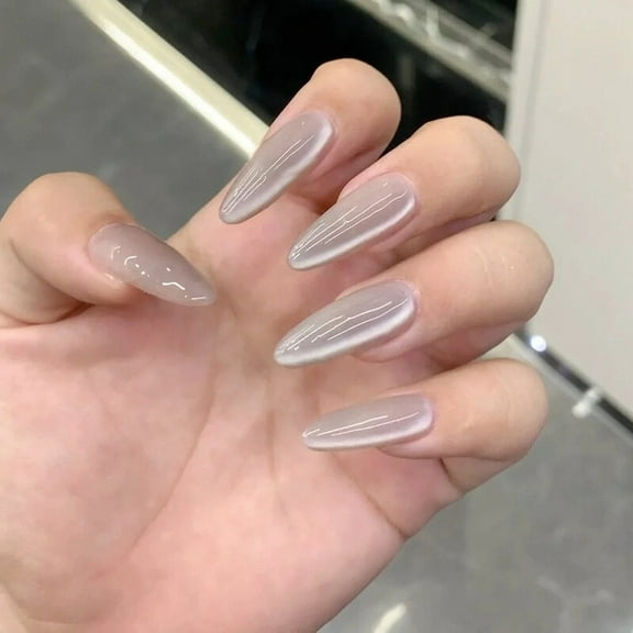 10Pcs Long Almond False Press on Nails High-End Cool Ash Cat Eye Fake Nails